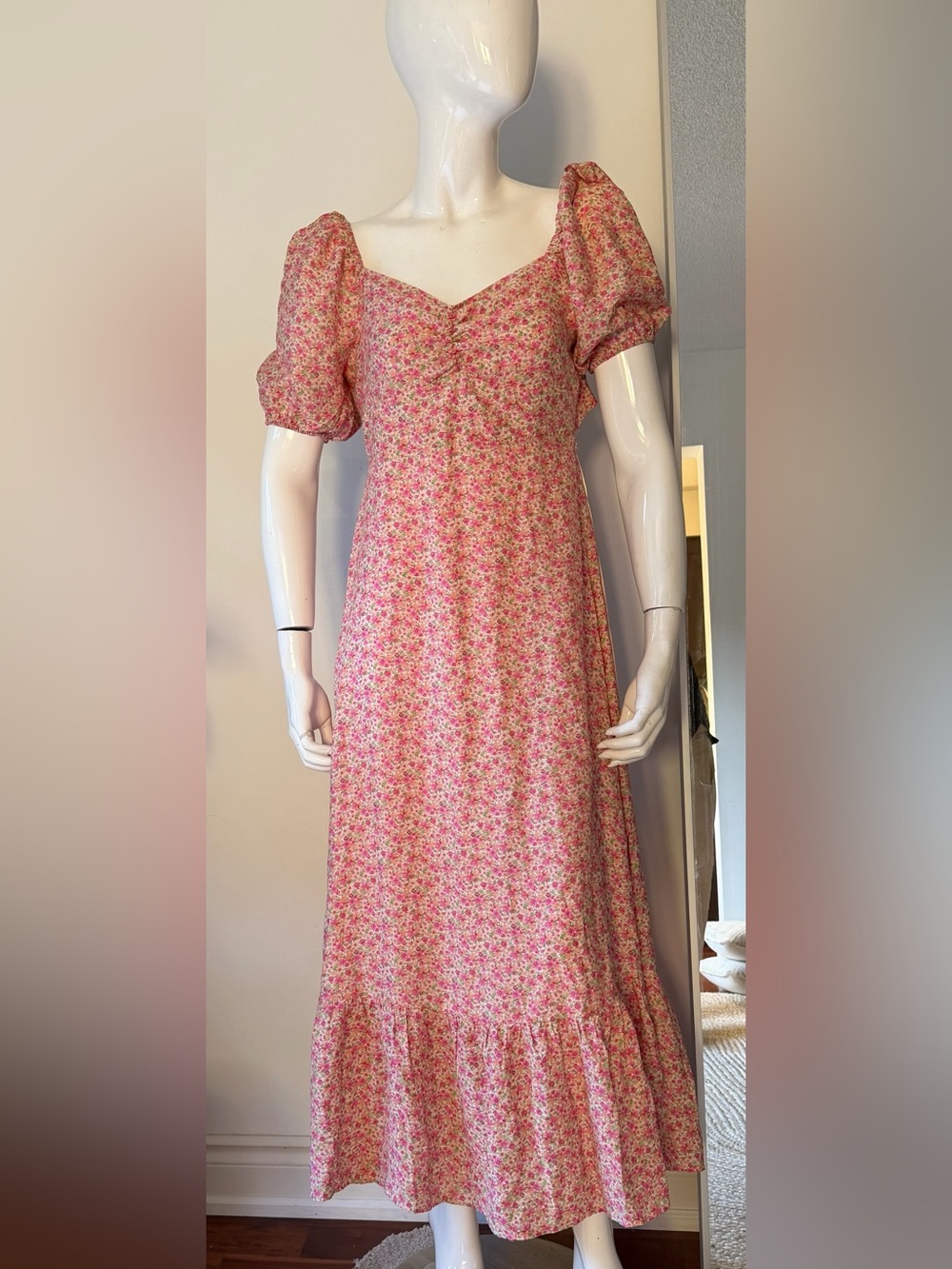 Blu peper  Pink Floral Puff Sleeve Open Back Maxi Dress Size M - Picture 2 of 8